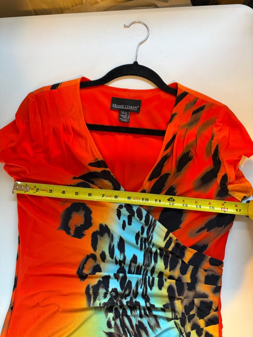 Frank Lyman Design Dress Size 10 Animal Print Ruched Faux Wrap Knee Length Midi - Picture 11 of 13